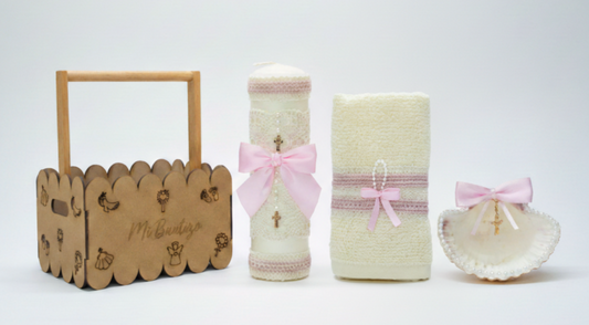 Kit Vela Canasta Madera Bautizo Niña Color Hueso - Rosa