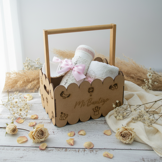 Kit Vela Canasta Madera Bautizo Niña
