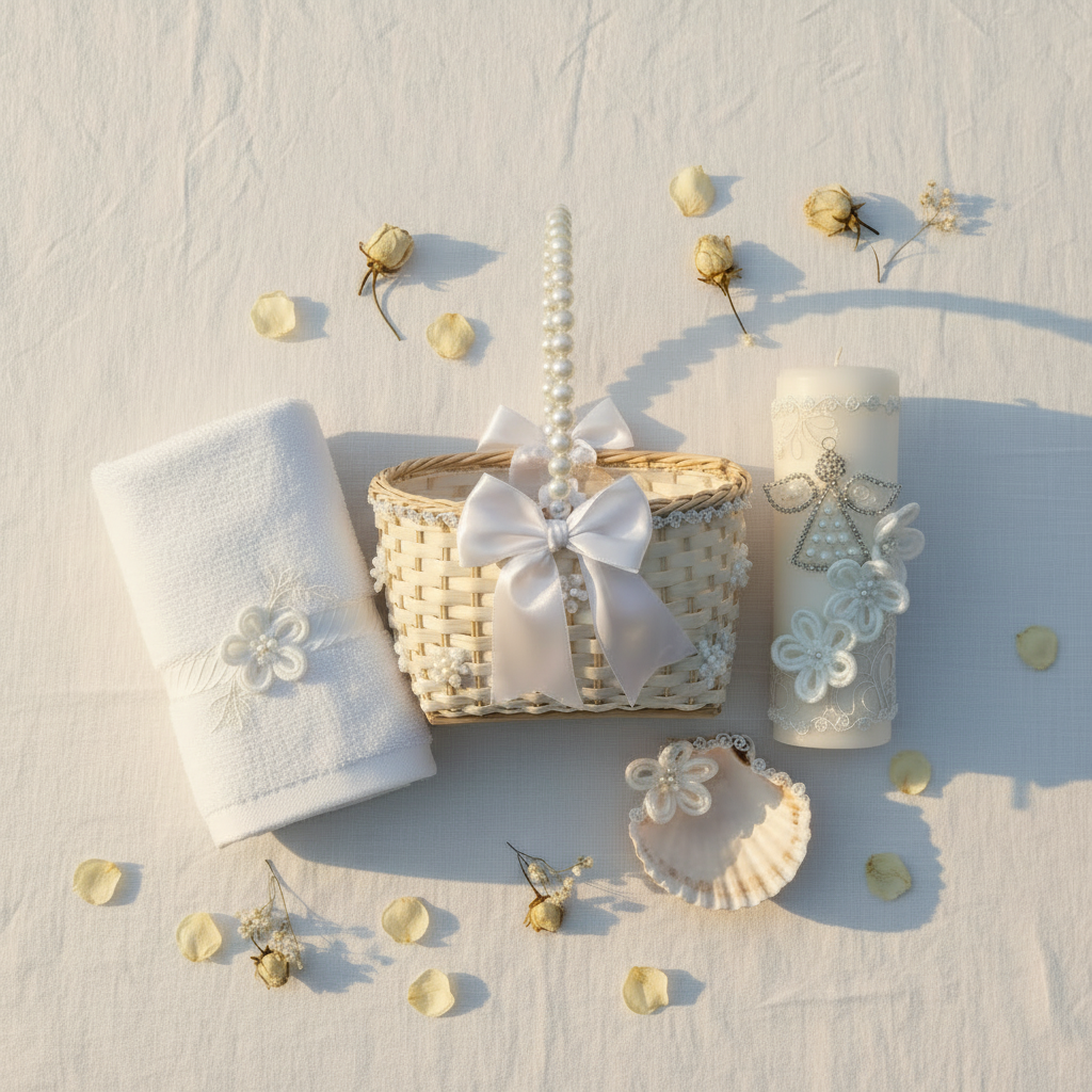 Kit Bautizo Canastita Mimbre de Angelita Color Blanco