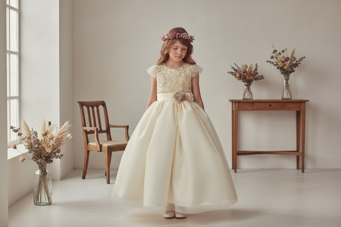 Niña con elegante vestido de Primera Comunión en ambiente minimalista