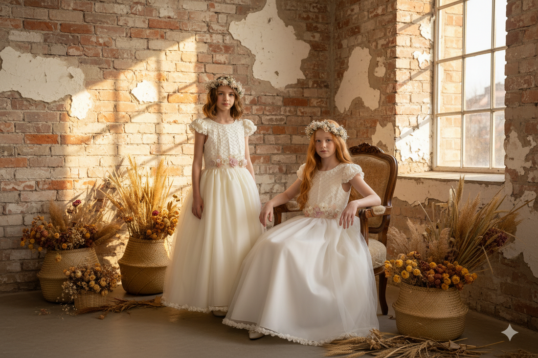 Niñas con elegantes vestidos de Primera Comunión en ambiente vintage
