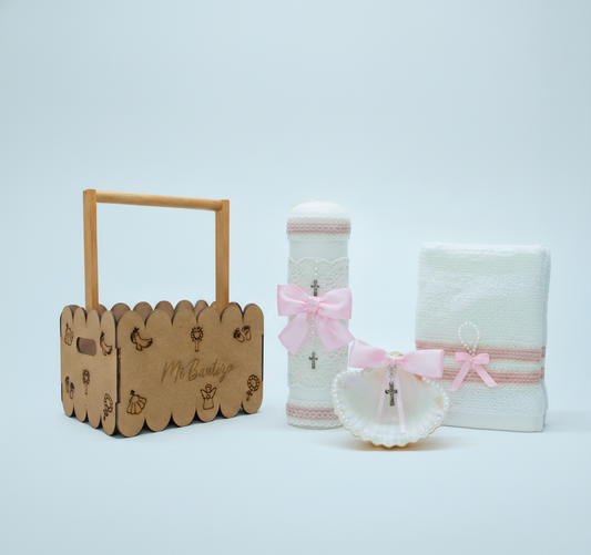 Kit Vela Canasta Madera bautizo Niña Color Blanco Rosa