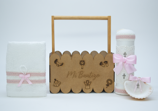 Kit Vela Canasta Madera bautizo Niña Color Blanco Rosa