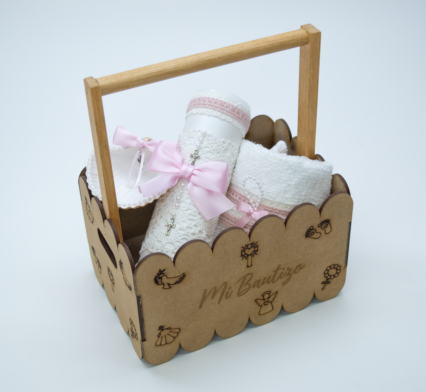 Kit Vela Canasta Madera bautizo Niña Color Blanco Rosa