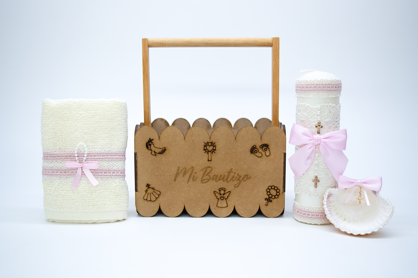 Kit Vela Canasta Madera Bautizo Niña Color Hueso - Rosa