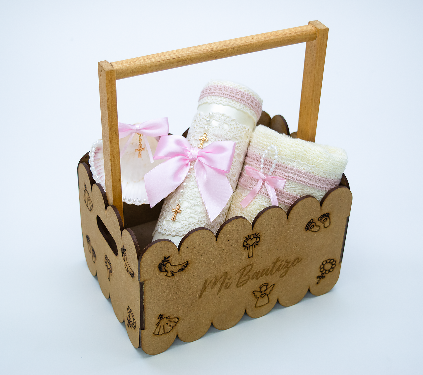 Kit Vela Canasta Madera Bautizo Niña Color Hueso - Rosa