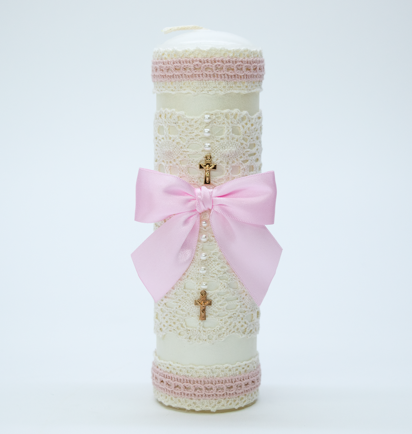 Kit Vela Canasta Madera Bautizo Niña Color Hueso - Rosa