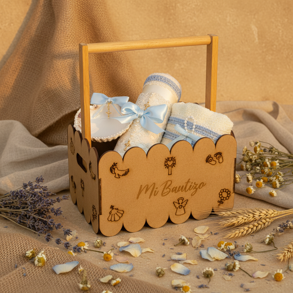 Kit Vela Canasta Madera Bautizo Niño
