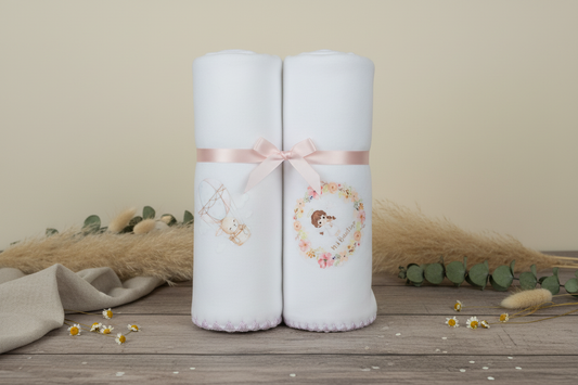 Set cobijas bautizo niña con listón rosa