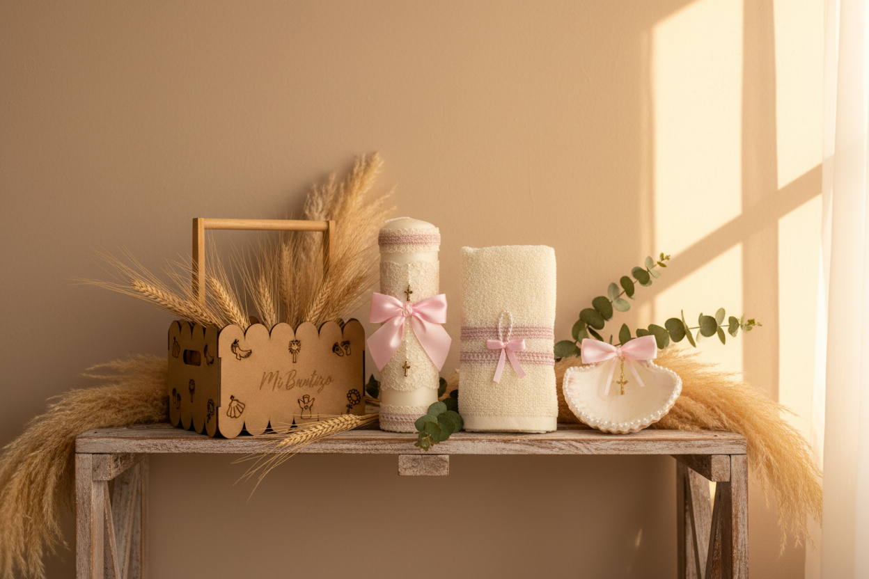 Kit Vela Canasta Madera Bautizo Niña Color Hueso - Rosa
