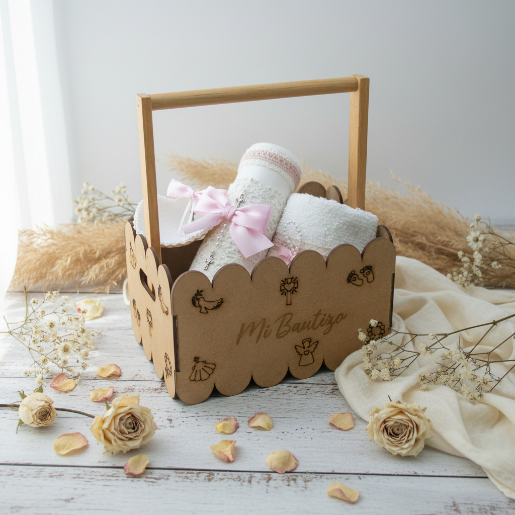 Kit Vela Canasta Madera Bautizo Niña