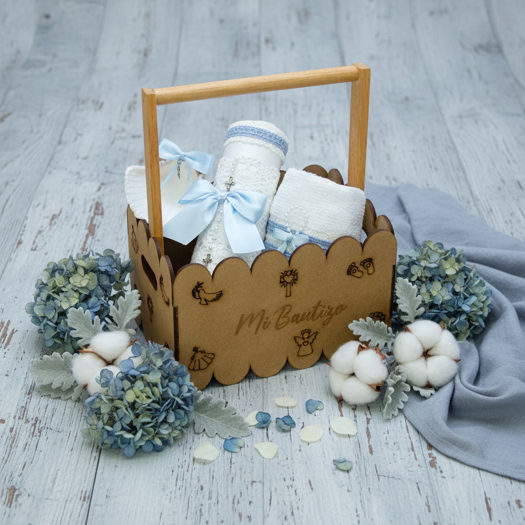 Kit Vela Canasta Madera Bautizo Niño